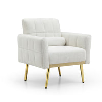 Modern Comfy Blind Tufted White Teddy Fabric Accent Chair Leisure Chair Armchair Living Room Chairs With Metal Trim and Gold Legs, with 1 Waist Pillow - Badgecollection