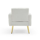 Modern Comfy Blind Tufted White Teddy Fabric Accent Chair Leisure Chair Armchair Living Room Chairs With Metal Trim and Gold Legs, with 1 Waist Pillow - Badgecollection