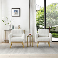 Modern Comfy Blind Tufted White Teddy Fabric Accent Chair Leisure Chair Armchair Living Room Chairs With Metal Trim and Gold Legs, with 1 Waist Pillow - Badgecollection