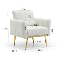 Modern Comfy Blind Tufted White Teddy Fabric Accent Chair Leisure Chair Armchair Living Room Chairs With Metal Trim and Gold Legs, with 1 Waist Pillow - Badgecollection