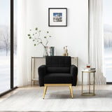 Modern Comfy Blind Tufted White Teddy Fabric Accent Chair Leisure Chair Armchair Living Room Chairs With Metal Trim and Gold Legs, with 1 Waist Pillow - Badgecollection